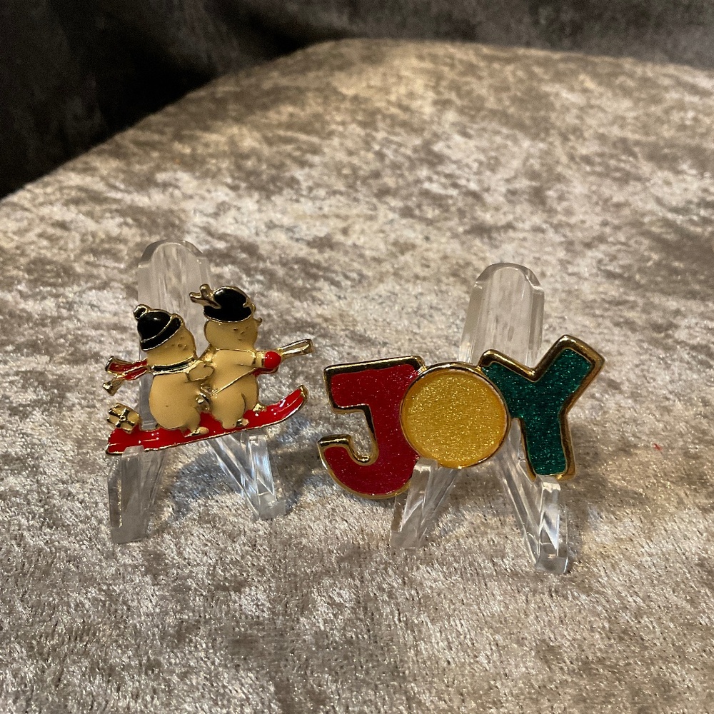 Vintage Set of 2 Christmas Holiday Pins, JOY and Snowmen on Sled